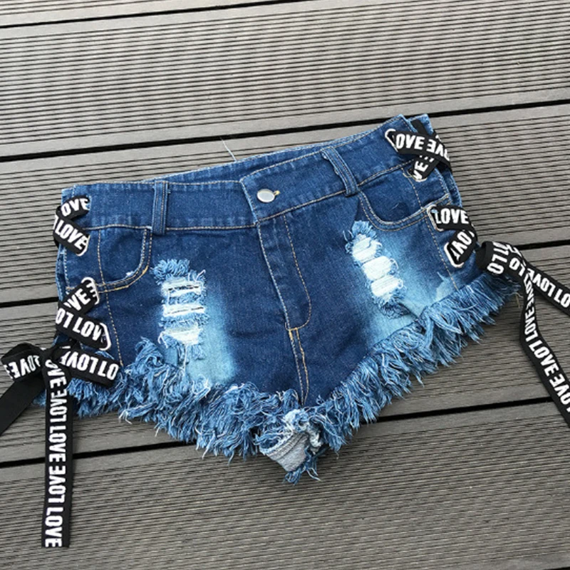 

Sexy Letter Bandage Hole Club Denim Shorts Y2K Summer Vintage Lace Up High Waist Ripped Distressed Pencil Skinny Jeans Clubwear