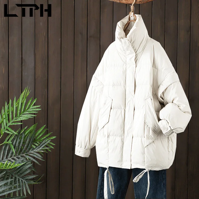 

LTPH winter puffer jacket women zipper stand collar parkas coat loose casual vintage thicken warm outerwear 2021summer sales