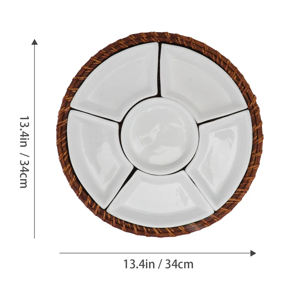 

1 Set of Rattan Tray with Ceramic Plate Household Snack Storage Tray Fruit Plate