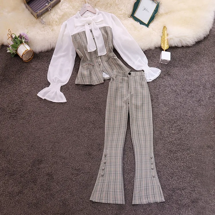 

Classic OL Elegant Patchwork Plaid Long Sleeve Blouse Top and Checker Pattern Flare Pants Clothing Set