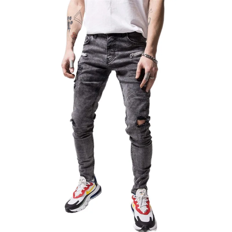

Mens Jeans Gray Cool Skinny Ripped Stretch Slim Denim Pants Large Size For Male Spring Summer Hip Hop Stree Haulage Motor Jeans