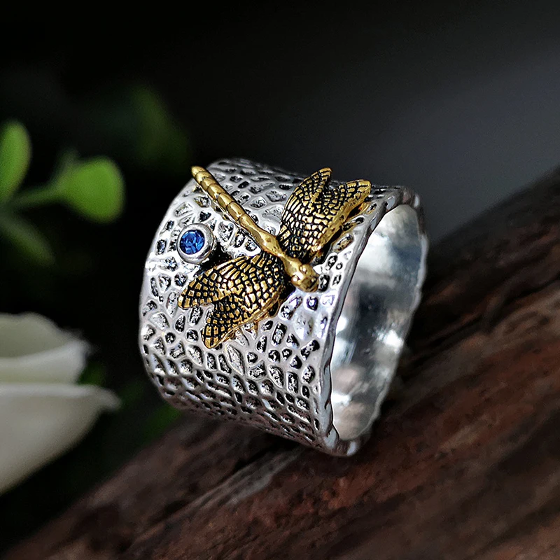 Fashion Vintage Dragonfly Ring Electroplating Thai Silver Gold with Sea Blue Stone Wide Wedding Party Jewelry |