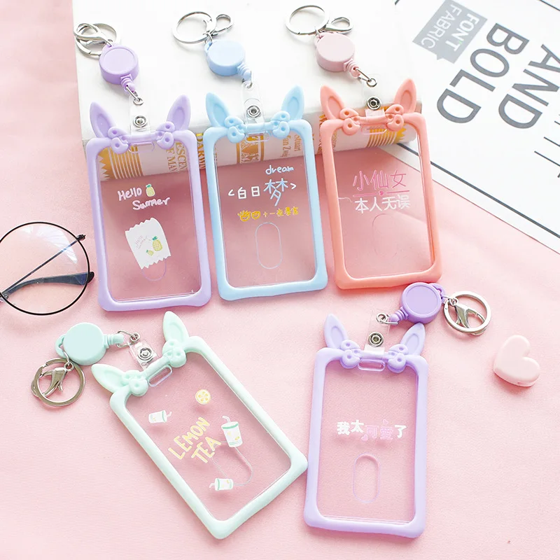 Cute Ear Transparent Retractable Card Holder Silicone Case Girl Student Clear ID Pass Cover Keychain Women Badge | Багаж и сумки