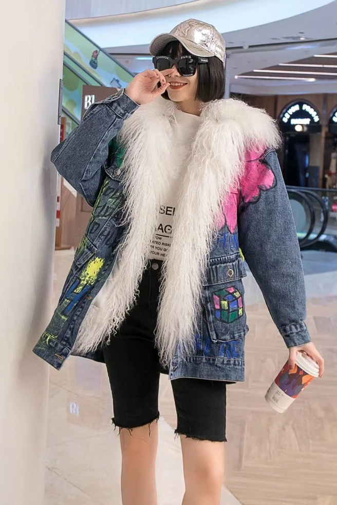

Ladies thick coat 2020 autumn and winter big fur collar plus velvet thick loose warm cotton graffiti denim jacket