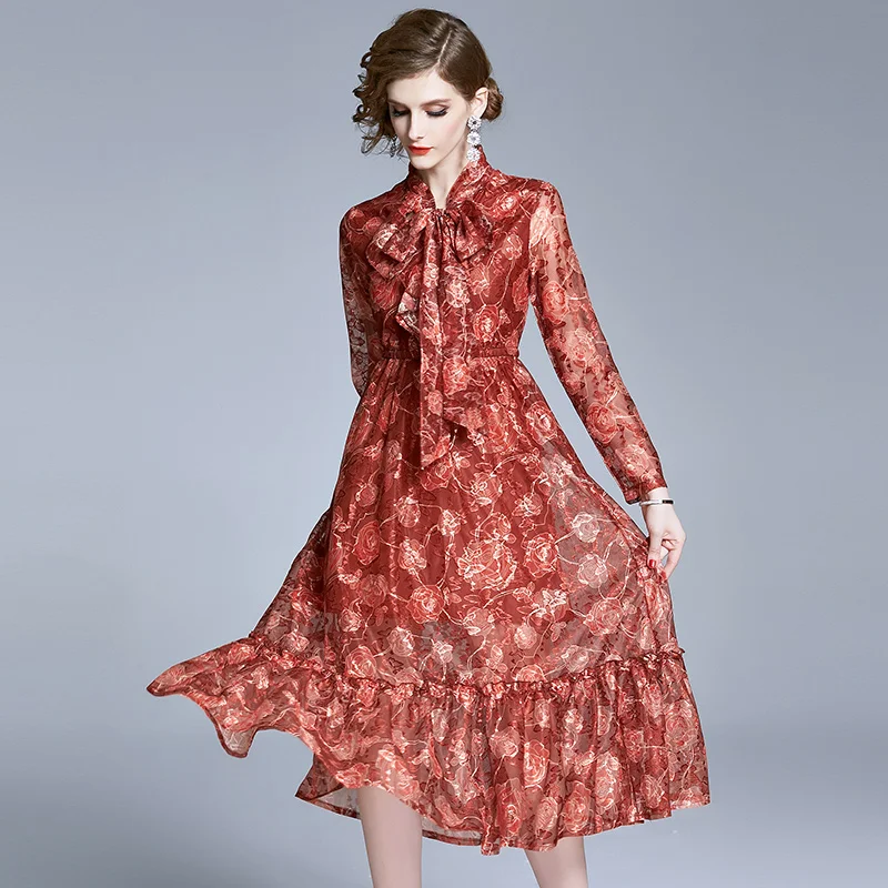 

New Elegant Vintage Women Print Slim Tunic Midi Dress Office Lady Long Sleeve Dresses Party Clothing