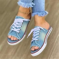 2021 summer fish mouth women denim slippers fashion lace up casual flat bottomed ladies slippers plus size canvas slippers women