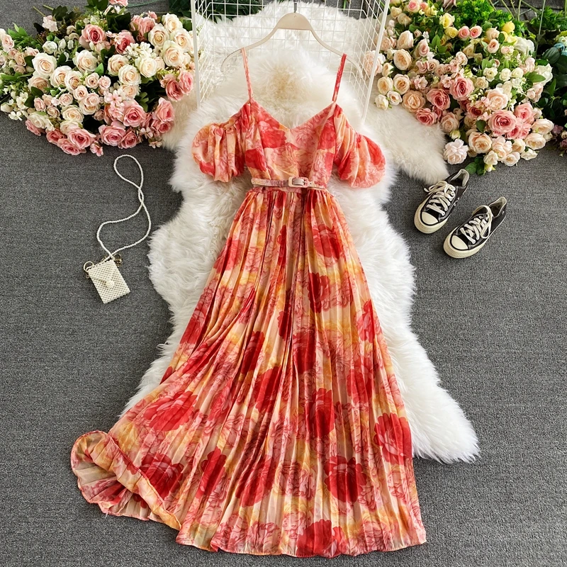 

Шифоновое платье выше колена, с V-образным вырезом, цветочным принтом и лямкой через шею, плиссированное, летнее, UK758