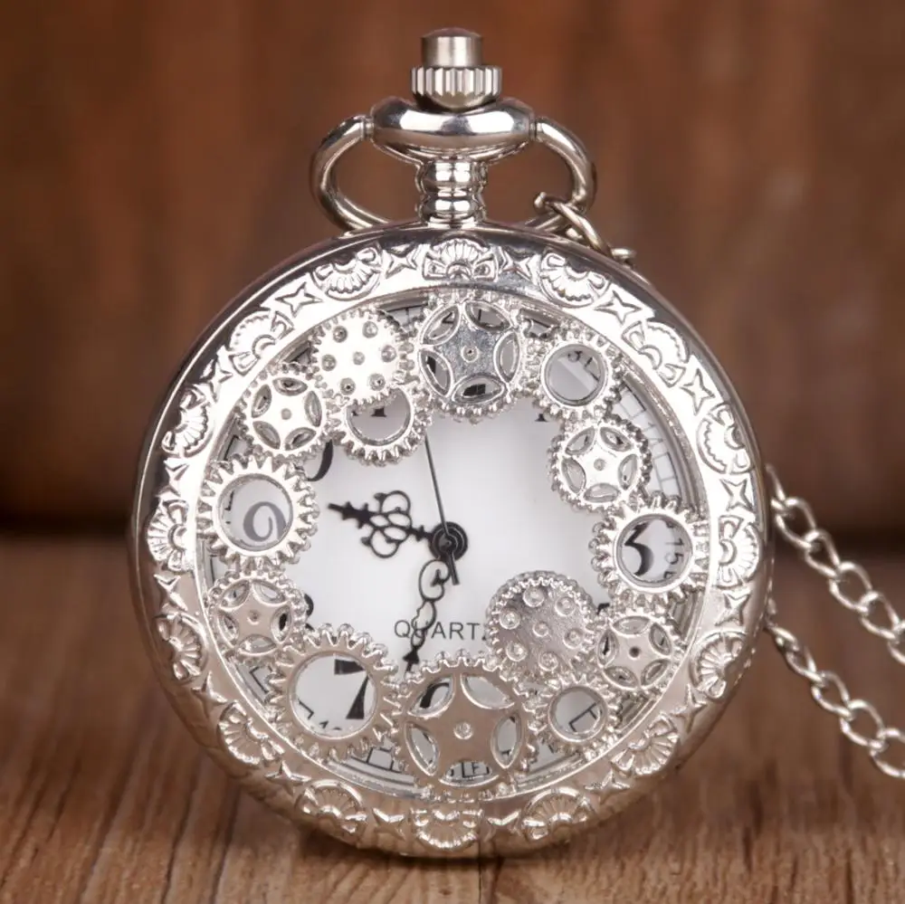 

Antique Vintage Quartz Pocket Watches Silver Gear Hollow Arbic Number Pocket Watch With Necklace Chain Pendant Mens Womens Gifts