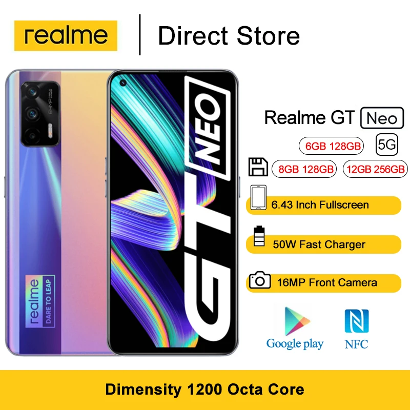 Realme GT Neo 5G сотовых телефонов 6 43 &quotFHD + безрамочный экран 120 Гц супер Dimensity 1200