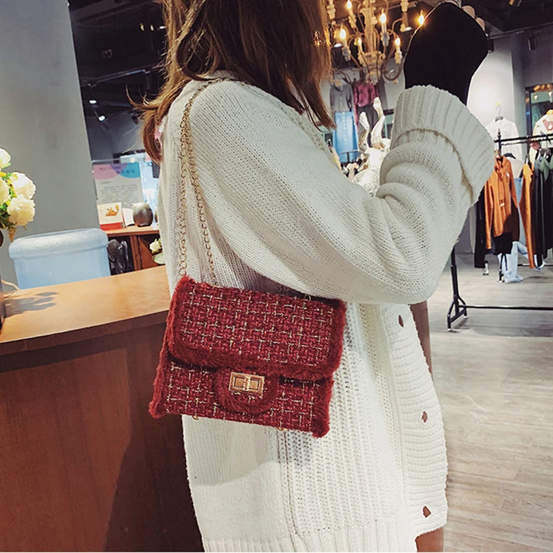 Роскошная женская сумка плюшевая шерстяная на цепочке сумки через плечо