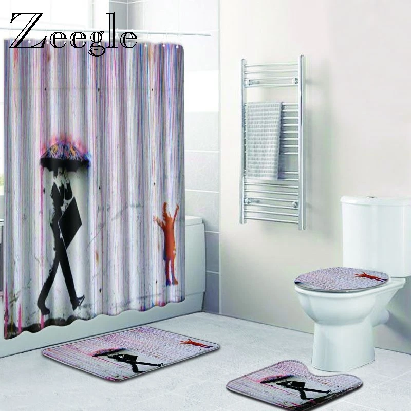 

Zeegle Bathroom Mats and Rugs with Shower Curtain Printed 3D Shower Carpet 4pcs Non Slip Rug Microfiber Bathroom Mat Bath Mats