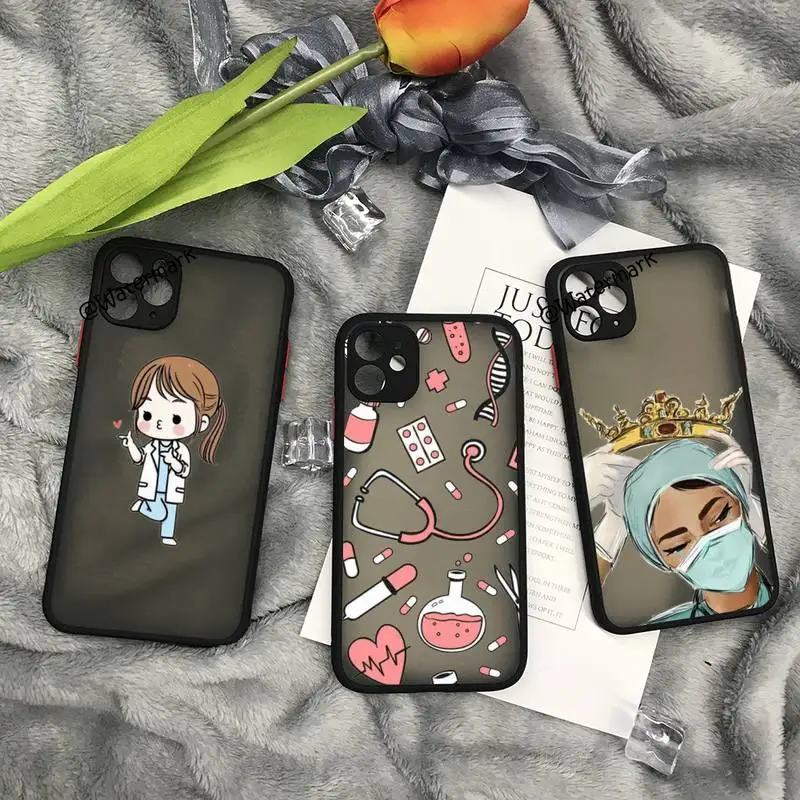 

Medicine Doctor Nurse Cartoon Phone Case For IPhone 12 11 Pro Max Xs Xr X 7 8 Plus Black Matte Translucent Cover