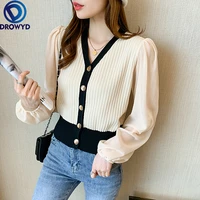 2021 knitted thin cropped sweater shirts girls patched chiffon full lantern sleeve sweaters cardigan crop top cardigan female