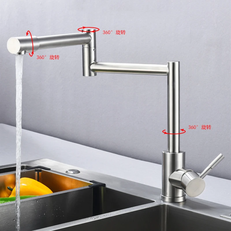 

Kitchen Faucets Brushed Type Stainless Steel 360 Rotate Deck Mounted Fold-able Tap Cold Hot Water Crane Mixer Sink Taps Torneira