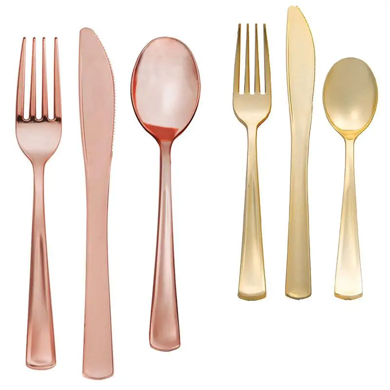 

1set Rose Gold Disposable Tableware Knife Fork Spoon Set Birthday Party Wedding Decorations Supplies Baby Shower Favors decor