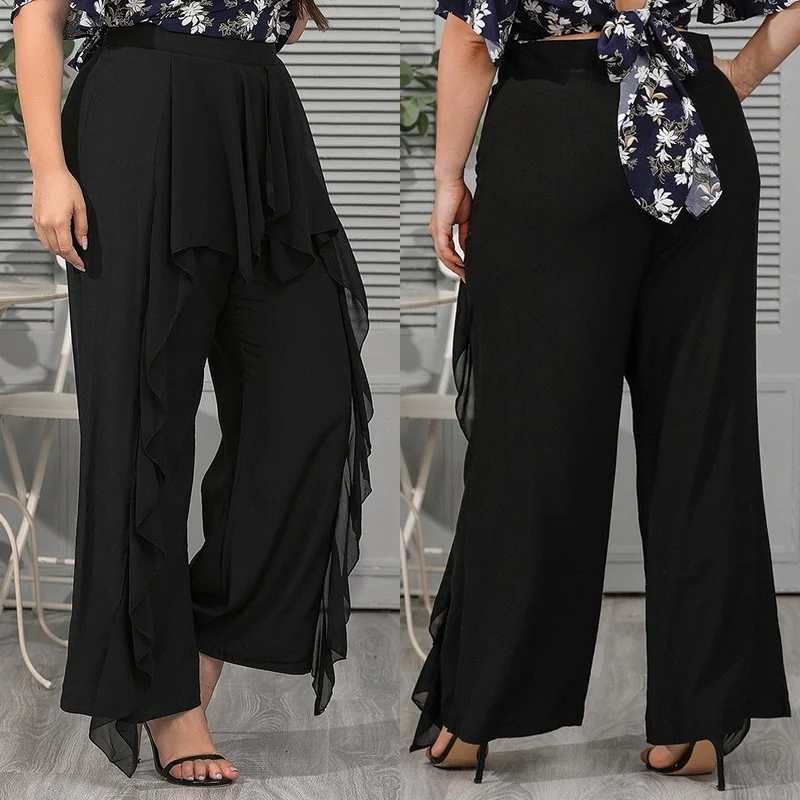 

Plus Size XL-5XL High Waist Women's Chiffon Black Pants Solid Color Ruffled Wide Leg Ladies' Officewear Long Pants