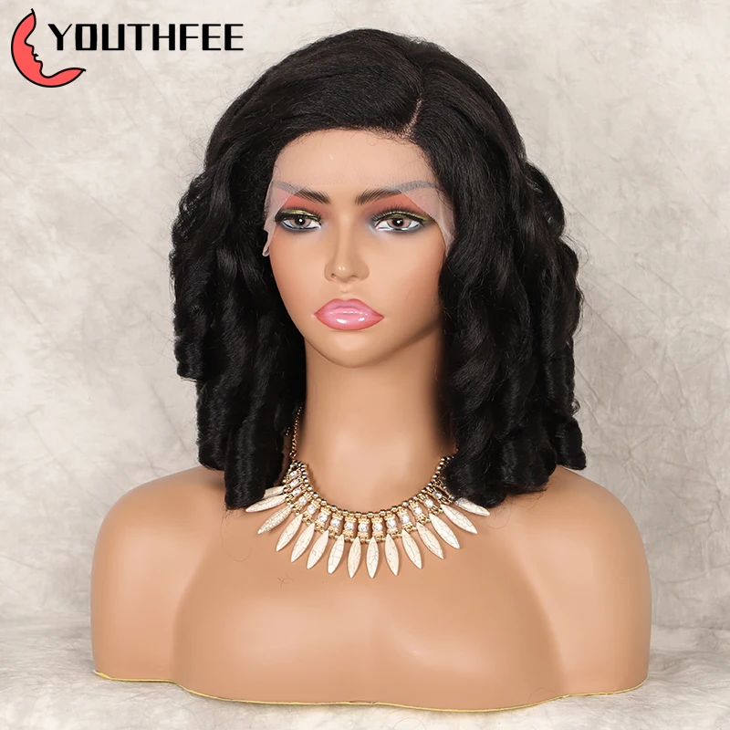 

Youthfee Lace Front Spring Curls Synthetic Wig With Baby Hair 16"Deep Curl Wigs For Black Women Black Side Part Lace Frontal Wig