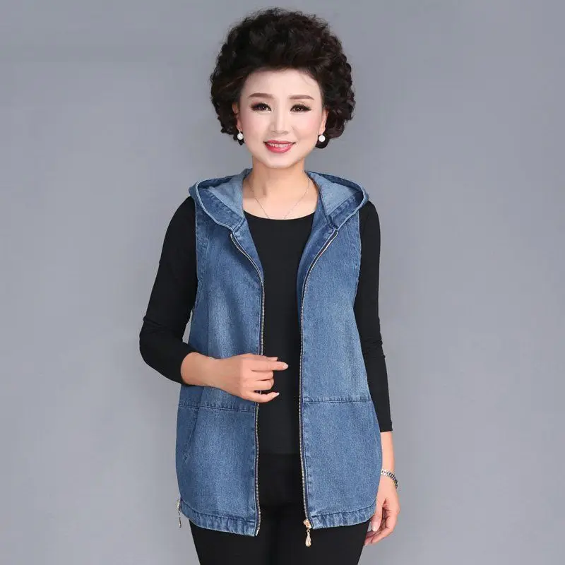

Middle-aged mother Vintage Denim Waistcoat Jacket Spring Autumn Hooded Sleeveless Coat Plus size Loose Casual Jeans Vest Tops