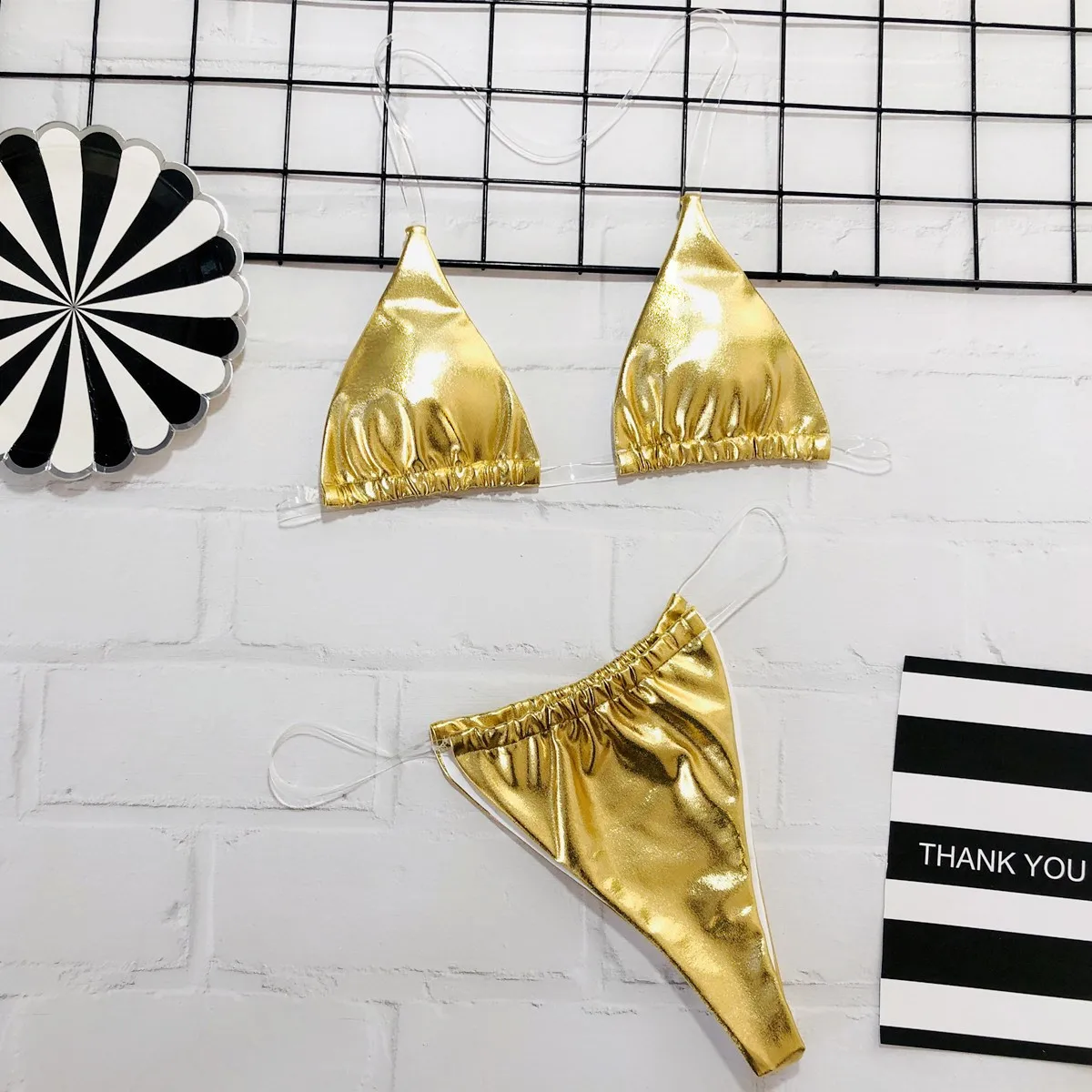 gold Сексуальный микро бикини, женский прозрачный купальник с пентаграммой, неоновый прозрачный купальник с ремешком, бразильские стринги, купальник для загара - Color: gold