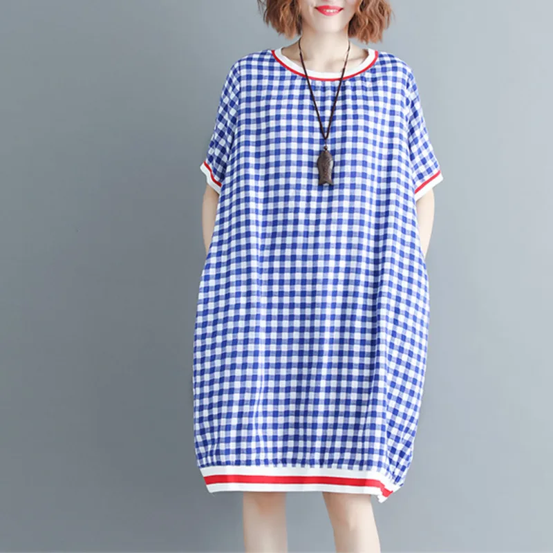 #0110 летнее повседневное красное/синее клетчатое платье женское свободное