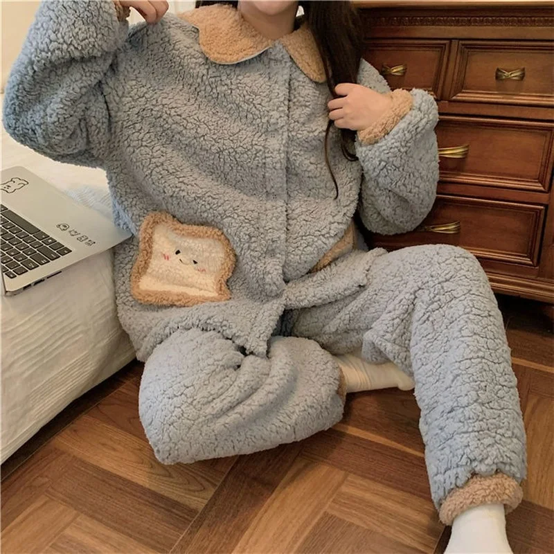 QWEEK Pajamas for Women Winter Flannel Pijamas Kawaii Bread Pocket Home Clothes Teen Girls Loungewear Sleepwear Pyjamas Roomware