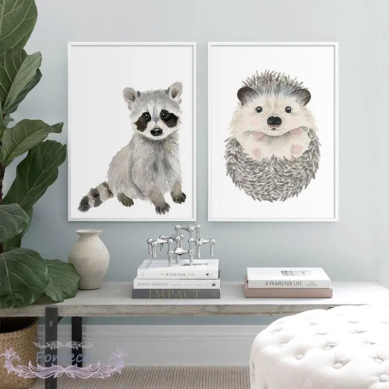 Акварельные милые детские животные плакаты медведь лиса олень кошка