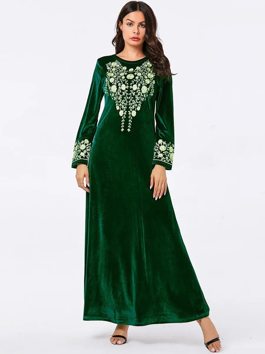 Дубайский мусульманский Женский Бархат abaya вышивка длинное обтягивающее платье кафтан Повседневная jilbaw Исламская одежда платье арабский халат Мода Новинка