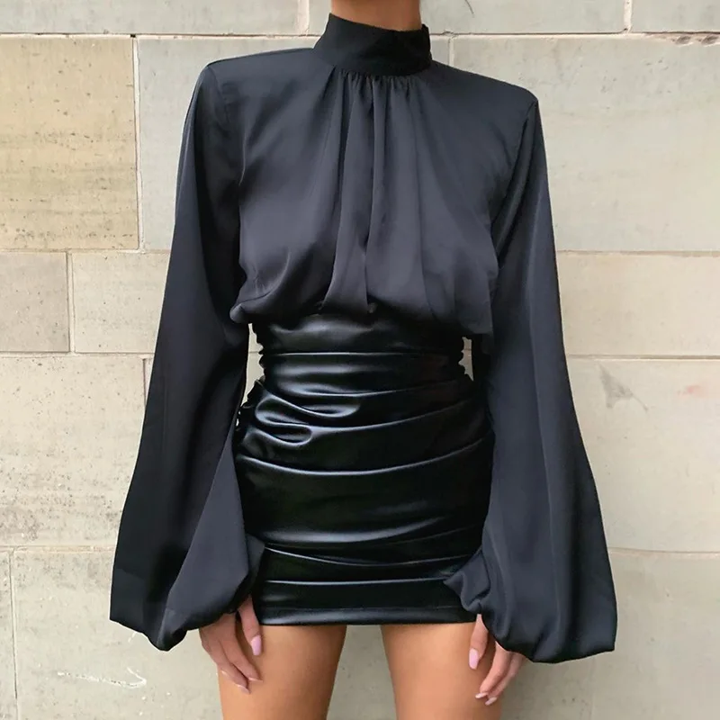 

Women's Cropped Blouse Fashion Street Fashion Design Solid Color High Collar Loose And Thin Short Lantern Sleeve Shirt Blusas