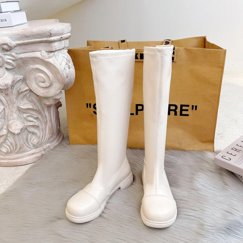 

Новинка Осень-зима 2021 черно-белые двухцветные сапоги до колена из микрофибры на толстой подошве женские модные высокие сапоги