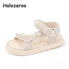 Летние детские пляжные сандалии, детская брендовая Цветочная обувь, сандалии принцессы для маленьких девочек, черные модельные туфли, модные сандалии с жемчугом