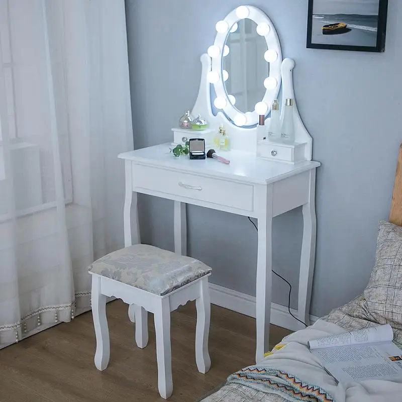 

Modern Simple Dressing Table With LED Light Strip Bedroom Nordic Wooden Vanity Desk Vanity Stool With Mirror Makeup Table HWC