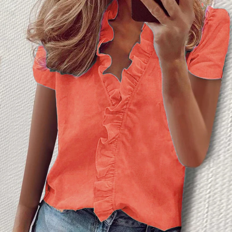 

Summer Ruffles V Neck Blouse Office Laides Short Sleeve Women Shirt Casual Solid Color Tops Clothing