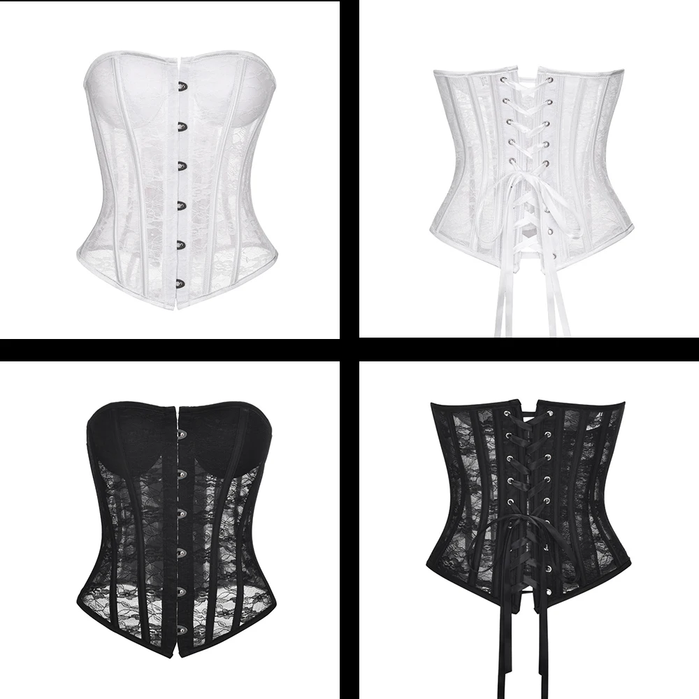 

SLADUO New Mesh Corset Lace-up Translucent Black And White Lace Plastic Bone Corset With Breast Cup