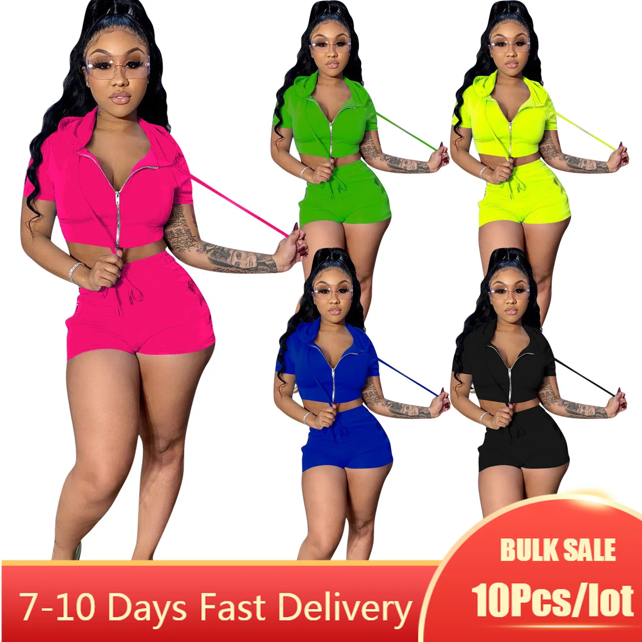 

Bulk Item Wholesale Lots 2021 Summer Women New Shorts Set Hooded Zipper Crop Tops Drawstring Shorts Sporty 2 Piece Matching Sets