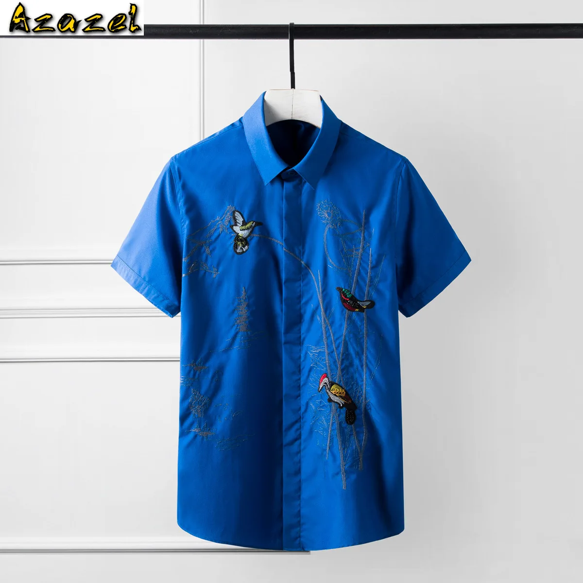 

Azazel Mens Shirts Luxury Chinese Style Flower And Bird Embroidery Short Sleeve Men Shirts Fashion Casual Slim Shirts Man 4XL