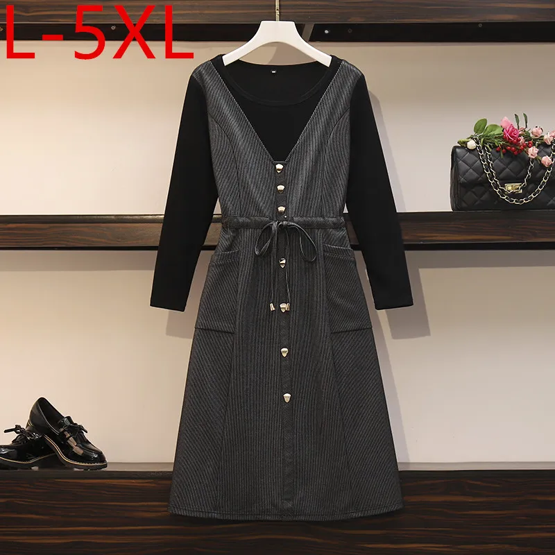

Plus Size 2021 Autumn Women's Long Sleeves Patchwork Stripe Drawstring Dress Female Dresses Oversize L XL 2XL 3XL 4XL 5XL
