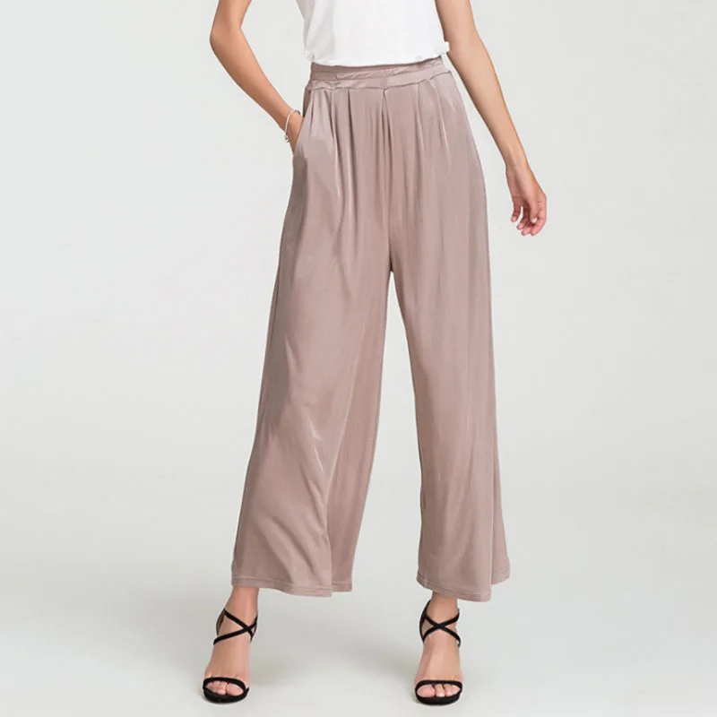 100% Silk Pants Women High Waist Wide Leg Trousers Loose Plus Size Simple Design Solid 3 colors Casualt Women New Fashion