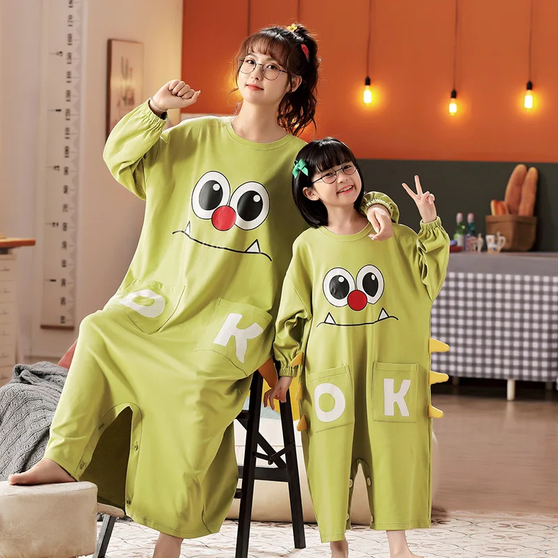 

Mother And Daughter Autumn Pajamas Jumpsuit Cartoon Monster Onesies Children's Homewear Long Sleeve Round Neck Pyjamas