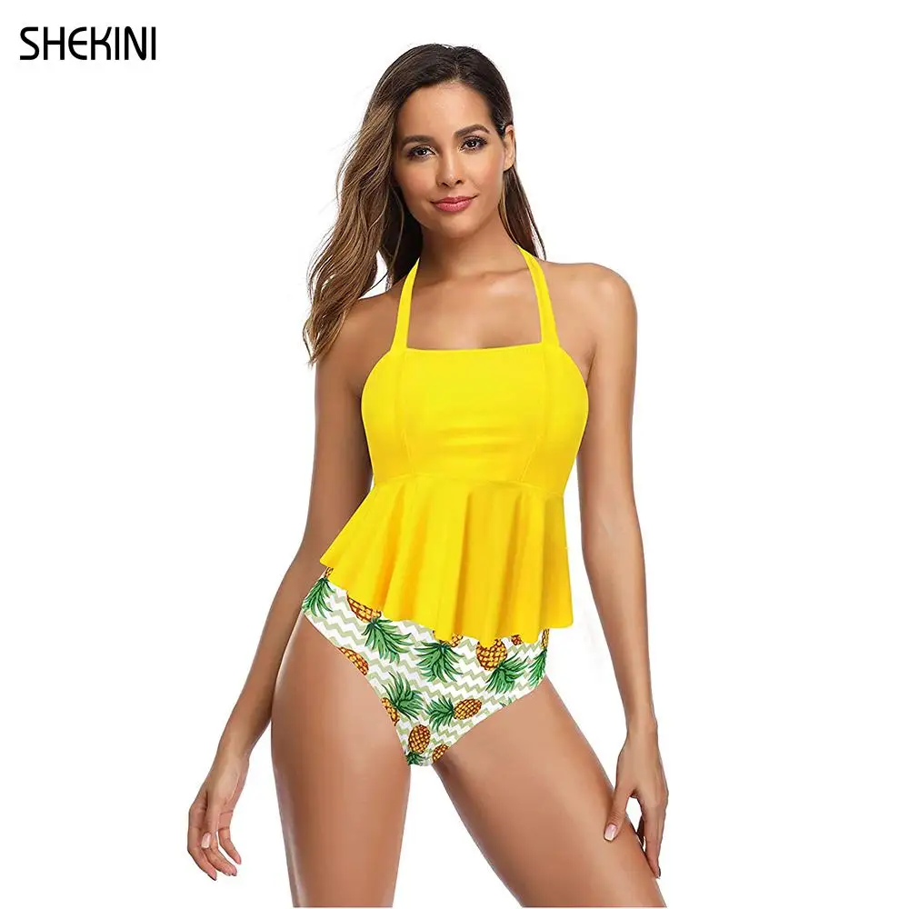 

SHEKINI Women's Halter Ruffled Flounce Hipster Bikini Set Printing High Waisted Bottom Two Piece Swimsuits Tankini Beachwear