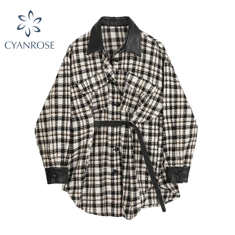 Женская клетчатая куртка с длинным рукавом однобортная модная уличная одежда