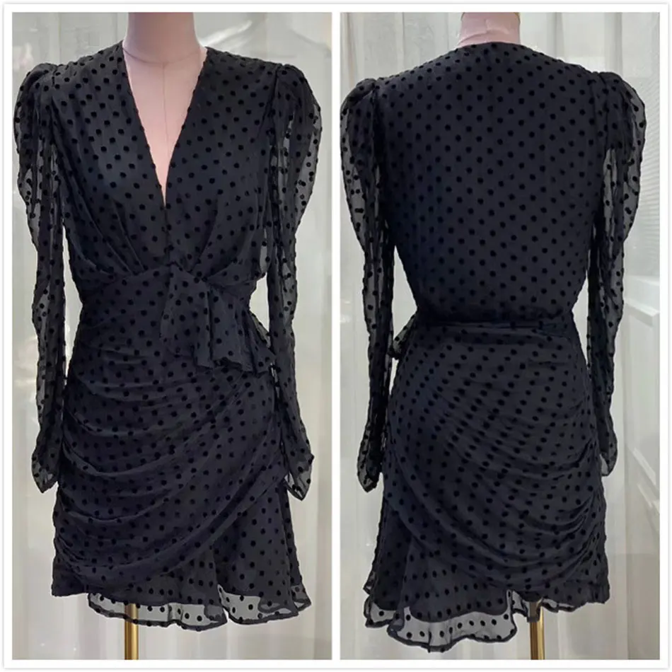 Женское кружевное платье в горошек черное облегающее мини-платье с глубоким