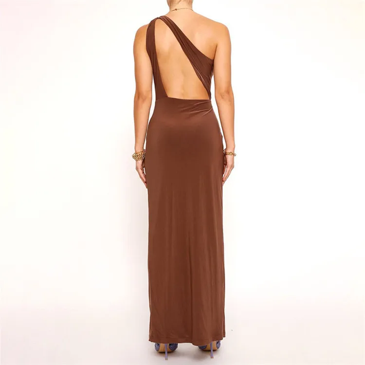 

2021 summer new solid color slanted shoulder hollow fold sexy split dress skirt