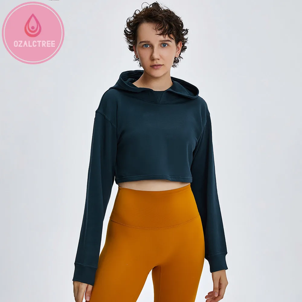 

OzalCtree Running Crop Cotton Workout Hooded Sweatshirts Women Fitness Athletic Crop Hoodies Sweater Tops Windproof Sport