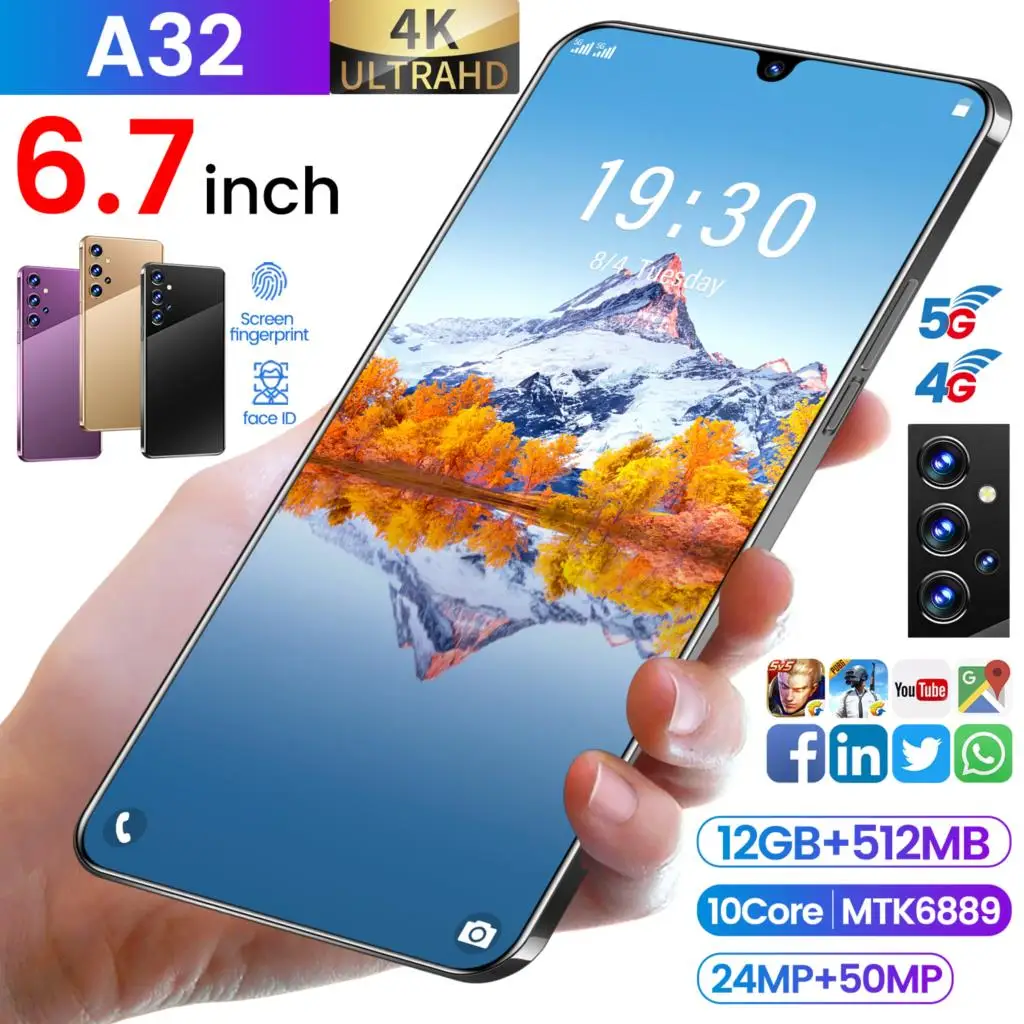 

New 2021 A32 6.7 Inch Drop Screen 12+512GB 4G 5G 10 Core MTK6889 24+50MP Smart Phone Fingerrpint Face ID 6000mAh Purple Celular
