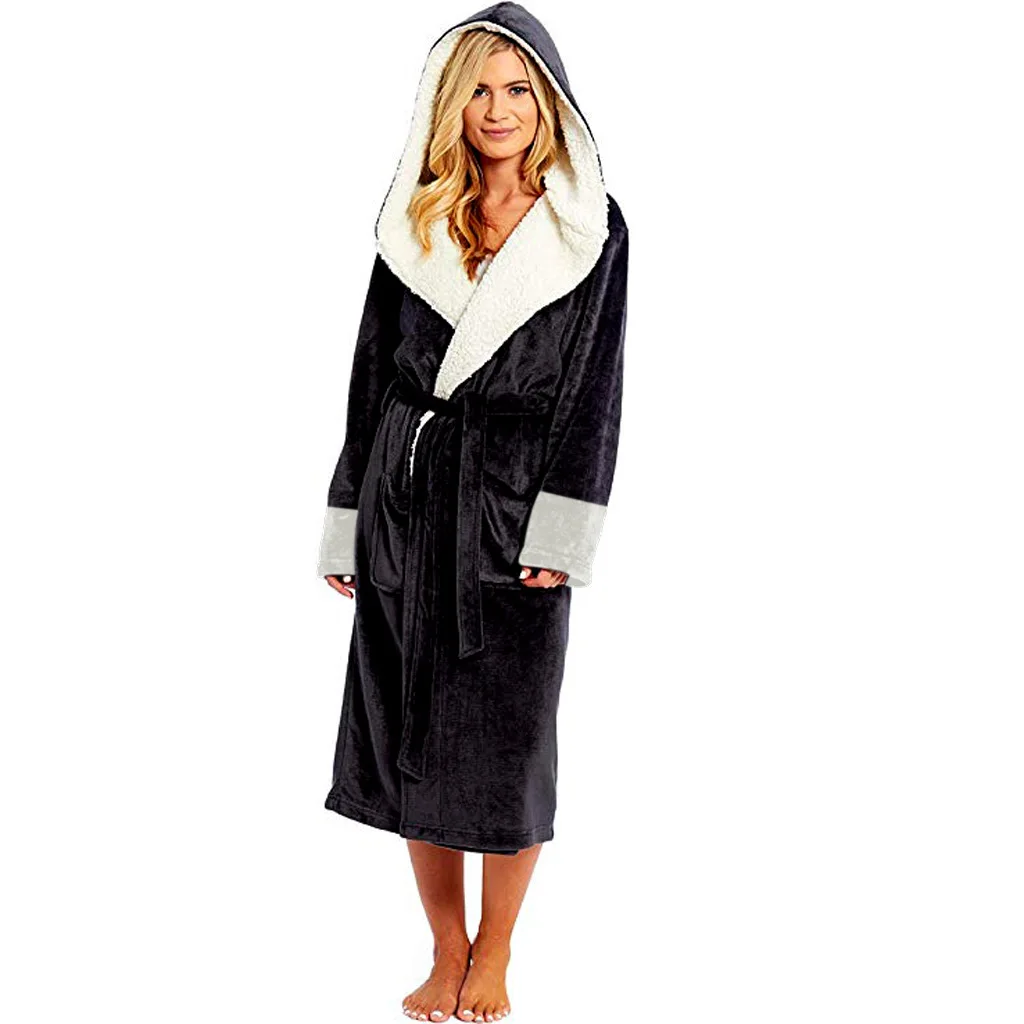 Women's long bathrobe nightgown with belt for autumn and winter-7