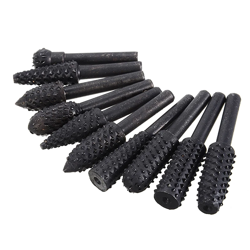 

10pcs Shank Rotary Drill Bits Carbon Steel Shank Rotary Burr Set Wood Carving Rasp Drill Bits for Woodworking Grinding Tools