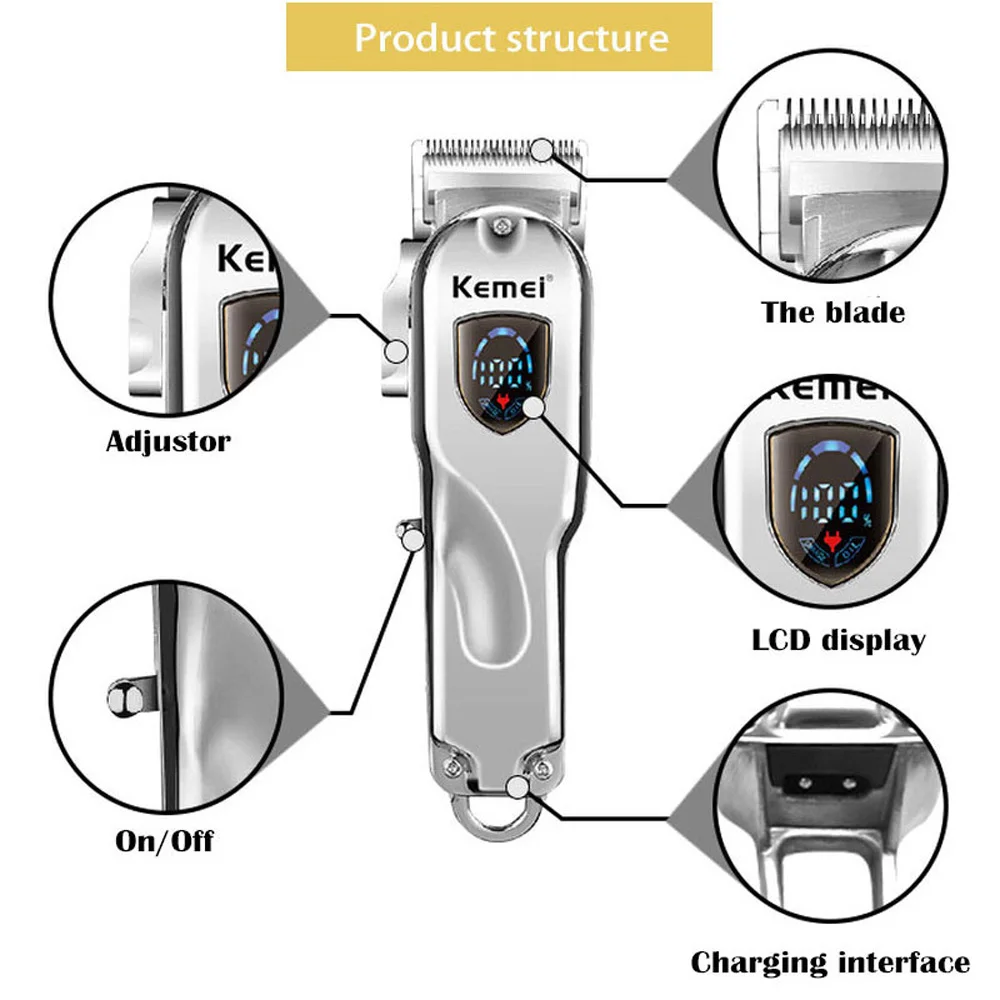 KM-2010 Hair Clipper All-metal Barber Professional Electric Cordless LCD Trimmer Gold Silver Cutting Machine Mower | Бытовая техника