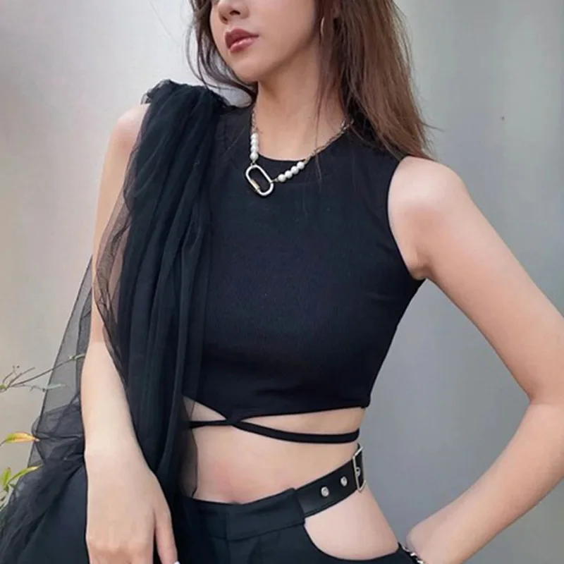 

Fashionable Goddess Navel Bare Tie Vest Sleeveless Tight Tee Outer Wear, Inner Ribbed Bottom Top Women's Black and White