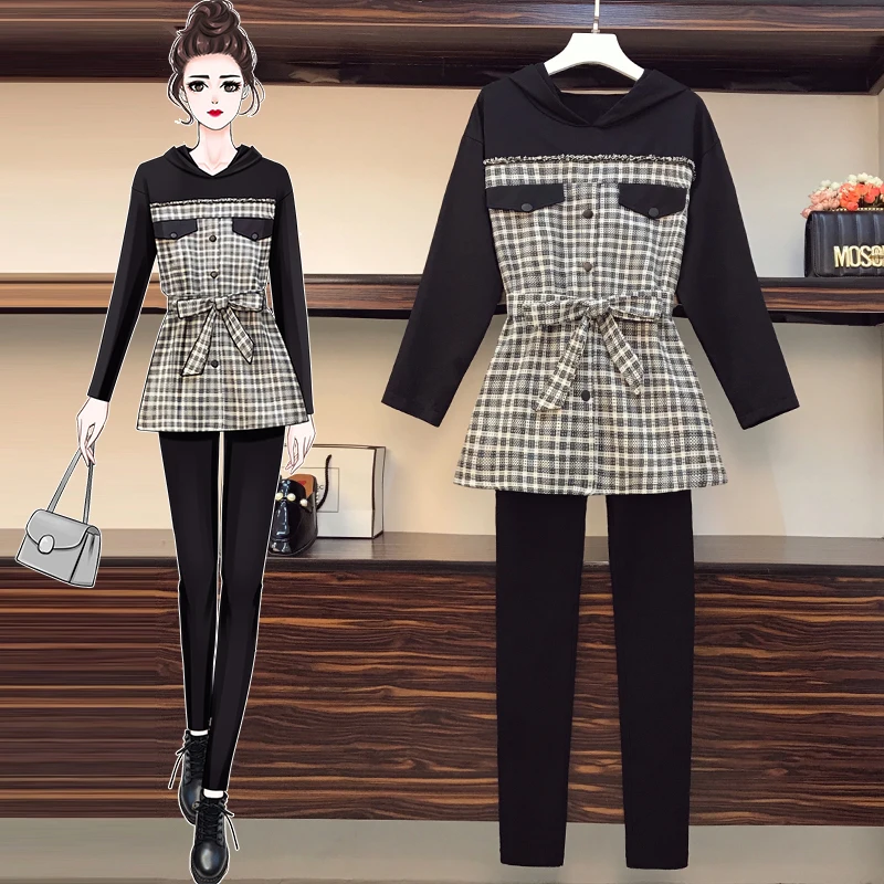 

L-4XL Plus Size Women Hooded Tops Spring 2021 Fashion Black Long Sleeve Cotton Patchwork Plaid Tweed Ladies Long T Shirts