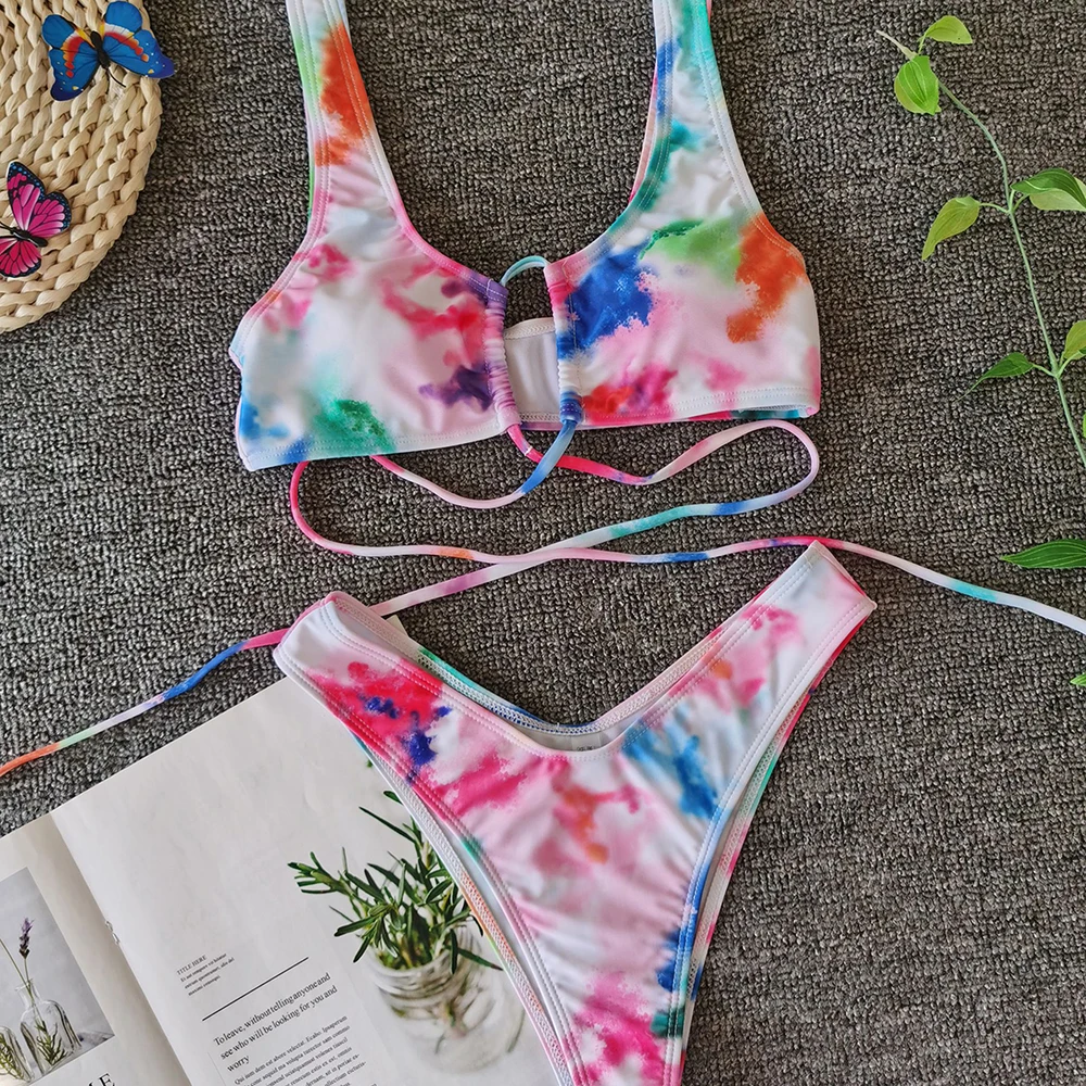 

Print String Bandage Bikinis Push Up Bikini 2020 Newest Padded Mid Waist Sexy Swimsuit Female Swimwear Women Biquini